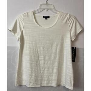 Notations Womens -Petite Large- Ivory Striped Short-Sleeved Blouse NWT! A3577